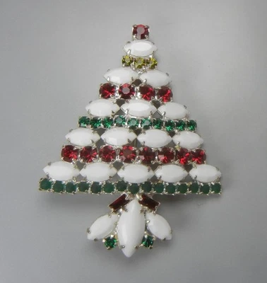 Kenneth J Lane Christmas Tree Brooch 1980s Rhinestone Vintage White Red Green - Image 1 of 4