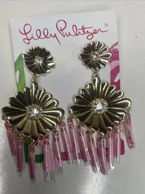 Lilly Pulitzer Flower Earrings Mandevilla Baby Gold Tone and Pink Tassels NWT - Image 1 of 4