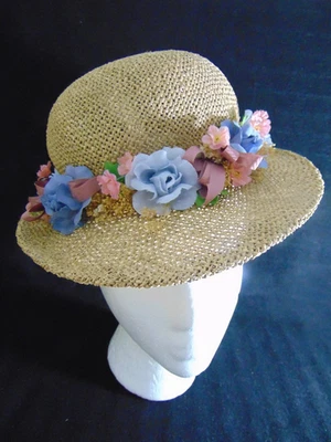 1940's  Straw Hat- Wide Brim w/Many Pastel  Flowers -VG- ROMANTIC- SALE - Image 1 of 4