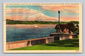 Vintage Scenic Postcard Lake Washington Blvd Mount Rainier Seattle 1945 - Picture 1 of 2