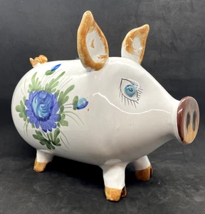 Vintage Italian Ceramic Piggy Bank Handpainted Blue Flowers Made In Italy - Picture 1 of 10