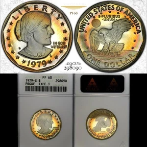 PF68 1979-S $1 SBA Susan B Anthony dólar de prueba, jabonera ANACS - tono arco iris - Imagen 1 de 8