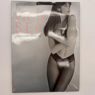 Victoria's Secret Glamour Sheers 珠光连裤袜女式小号黑色蕾丝缎面 — 第 1/4 张图片