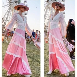 NEW $895 LoveShackFancy Pink Colorblock Kinsler Satin Lace Maxi Dress Sz 0 Gown - Picture 1 of 22