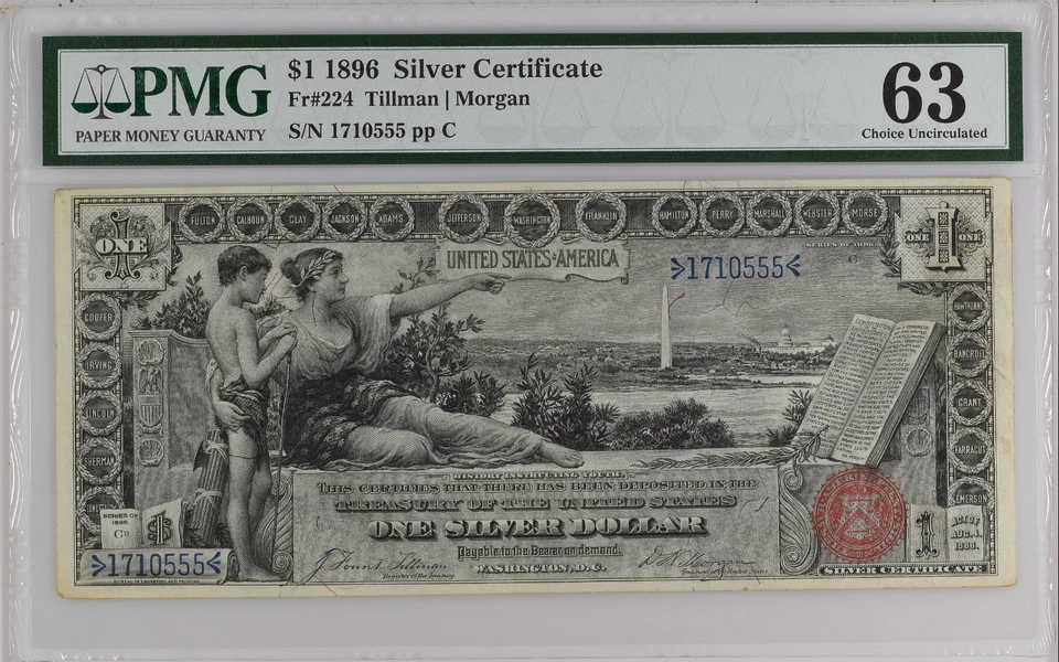 $1 1896 Silver Certificate - Fr. 224 - PCGS Choice UNC 63 PPQ – “Educational” - Image 1 of 1