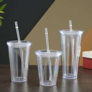 350/450/650ml Clear Tumbler Smoothie Cup Transparent with Lid Straw Iced Cup UK - Picture 1 of 10