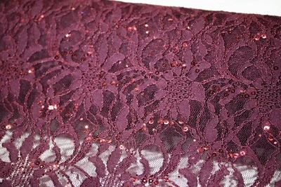 EMBROIDERED FLORAL LACE FABRIC WITH BEAD SPARKLE BURGUNDY 58" WIDE BY THE YARD - Image 1 of 4