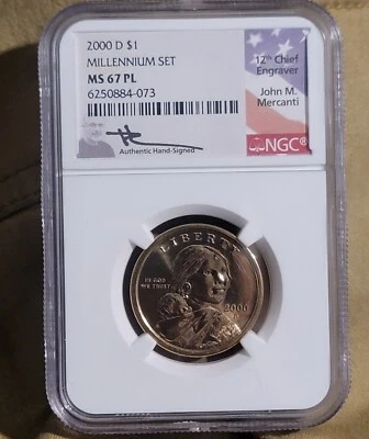 2000-D Sacagawea Dollar Coin NGC MS67 PL Millennium Set - Mercanti Signed - Image 1 of 2