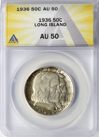 1936 50c Long Island Commemorative Half Dollar ANACS AU50 Cover