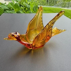 Vintage Amber Hand Blown Glass Bird in Flight Tea Light Candle Holder - Picture 1 of 7