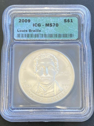 Extremely Rare!!!  2009 Louis Braille Silver Dollar Commemorative ICG MS 70 Cover