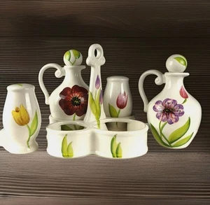 Tabletops Unlimited Spring Floral, 5 Pcs Oil/Vinegar & Salt, Pepper w/ Caddy - Picture 1 of 12