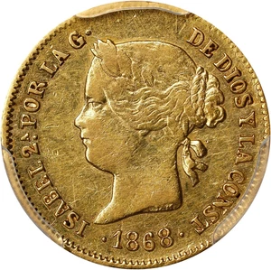 1868 FILIPPINE SPAGNOLE ISABEL II ORO PESO MANILA ZECCA KM142 PCGS XF DETTAGLI - Foto 1 di 3