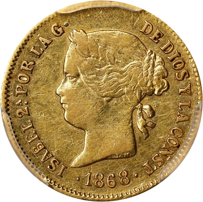 1868 FILIPINAS ESPAÑOLAS ISABEL II ORO PESO MANILA COMO NUEVO KM142 PCGS XF DETALLES Foto 1 de 3