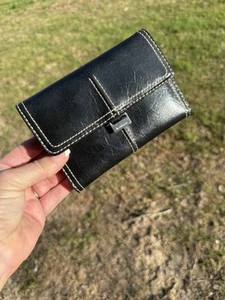 Vintage Liz Claiborne Black Faux Leather Tri-Fold Wallet Credit Cards Coins GUC - Picture 1 of 10
