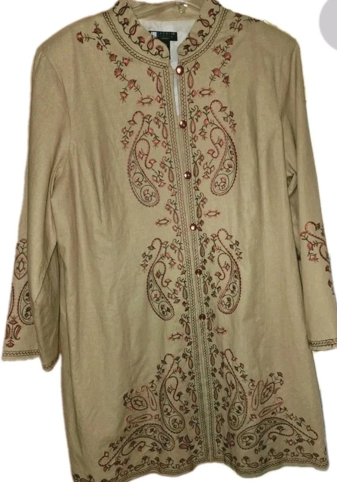 Carole Little Vintage Embroidered Brown Lined 3/4 Coat With Mandarin Collar 1X - Image 1 of 4