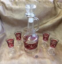 Vintage Clear & Cranberry Flash Decanter & 4 Matching Cordials