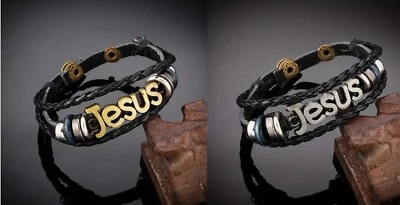 Mens Black PU Leather Layered Jesus Christian Braided Bracelet Wristband Bangle - Image 1 of 2