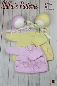 Patrón de tejido para chaqueta y gorro de bebé, diseño de corazón, 2 tallas, DK, KP526 - Imagen 1 de 8
