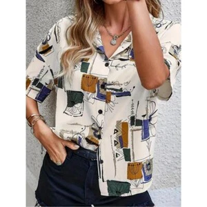 Women Stylish Elegant Short Sleeve Large Size Printed Lapel Button Down Shirt - Picture 1 of 5