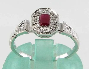 DAINTY 9K 9CT WHITE GOLD RUBY DIAMOND HALO CLUSTER ART DECO INS RING Size O - Picture 1 of 5