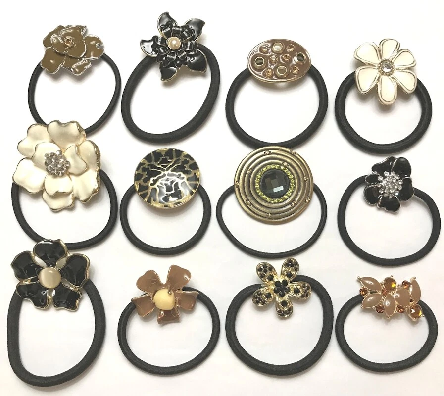 Metal Ponytail Holder Hair Tie Cover Ornate Crystals Flowers Floral Decoration - Image 1 of 1