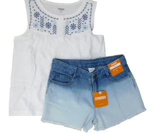Gymboree 7/8 Girls 2-PC Cut Off Denim Shorts 8 & Embroidered detail Top 7/8 New - Picture 1 of 3