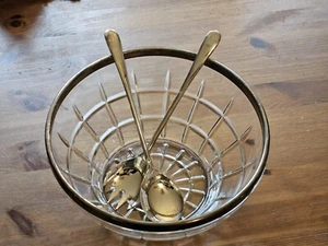 Vintage 70s Italian Cut Glass Crystal Salad Bowl Silver Plated Rim and utensils - Picture 1 of 9