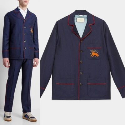 sz 50 NEW $2500 GUCCI Men's Blue WOOL Dots FELINE CAT EMBROIDERY Blazer JACKET - Image 1 of 4