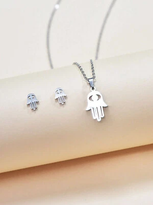 Parure donna set collana e orecchini mano portafortuna catenina colore argento - Immagine 1 di 2