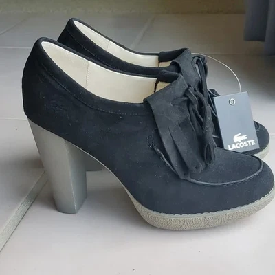 Zapatos LACOSTE Lahila Tacones Gruesos Bombas Negro Gamuza Gris Plataforma 6.5 Foto 1 de 4