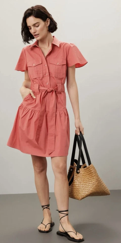 Derek Lam 10 Crosby Coral Red Poplin Flutter Sleeve Shirt Dress Size 18 Designer - Image 1 of 4