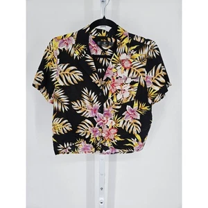 Volcom womens Sz S Short Sleeve Cropped Button Up Hawaiian Shirt Black Floral - Picture 1 of 3