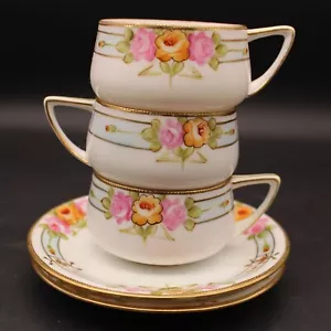 Antike Nippon handbemalte Gold Moriage Rosen Krone Marke 3 Teetassen & 2 Untertassen - Bild 1 von 15