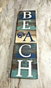 Distressed Beach Slatted Wood Wall Plaque 23.5 X 6.5 Inch Painted Beachcombers - Picture 1 of 2