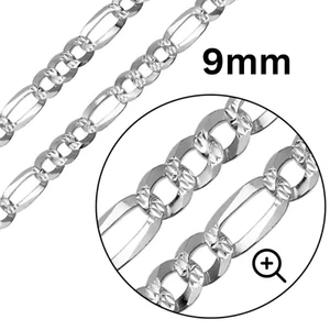 925 Sterling Silver Mens Diamond Cut Figaro Chain Necklace 9mm - Italy Stamp - Picture 1 of 5