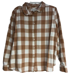 Loft XXL Caramel & White Plaid Long Sleeve Button Up Flannel Shirt 100% Cotton - Picture 1 of 8