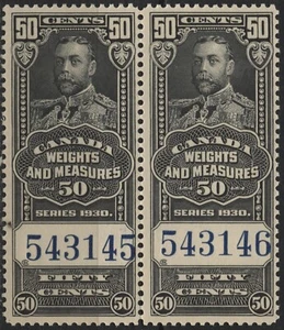 Canada 1930 VanDam #FWM65 50c black, KGV, Wt. & Meas (Blue control #), pair, MNH - Picture 1 of 2