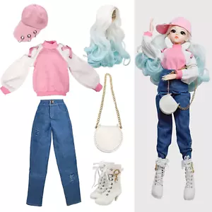 1/3 BJD Doll Clothes Outfit Set - Handcrafted Stylish Pink Hoodie, Jeans, Cap, W - Picture 1 of 12