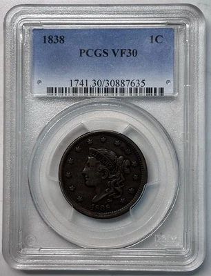 1838 Coronet Head Large Cent, N-14, PCGS VF30, Really NICE!! - Image 1 of 3