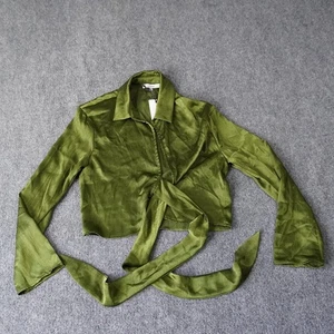 RO&DE Olive Green Crop Tie Front Long Sleeve Shirt Collared Blouse Small - Picture 1 of 8