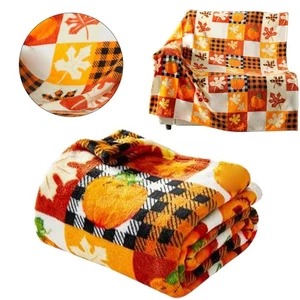Halloween Fleece Throw Blanket Pumpkin Leaves Fall Plaid Pattern Soft Fuzzy - Picture 1 of 19