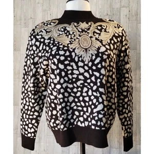 St. John Collection Marie Gray Brown Gold Sweater Size Small Metallic Rhinestone - Picture 1 of 20
