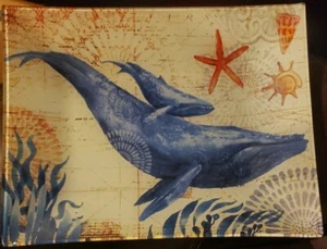 PRIMA Design Art Glass Tray BLUE WHALE AND BABY 13×10.5×1" Ocean Shells - Picture 1 of 5