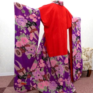 Antico kimono Juban interno seta motivo floreale viola 51,0 pollici donna - Foto 1 di 16