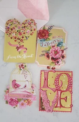 Punch Studio VALENTINE Cards Die Cut  Flowers Birds Victorian Set Of 4 Env Blank - Image 1 of 4