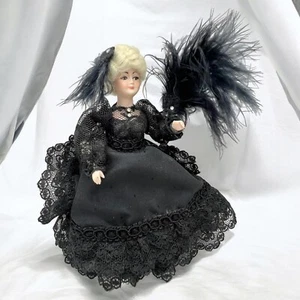 Vtg/Antique 1:12 Widow Doll Black Lace w/ Feather Fan Bisque German Victorian - Picture 1 of 4