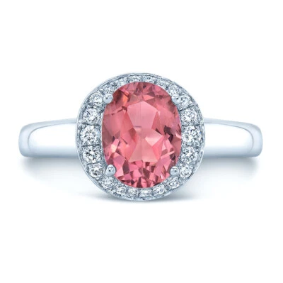 Anel de ouro branco 14k oval rosa turmalina diamante halo solitário clássico natural - Imagem 1 de 3