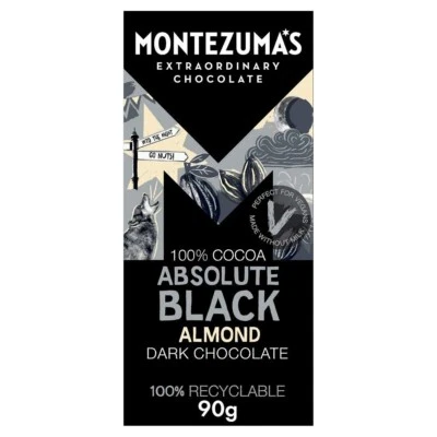 MONTEZUMAS ABSOLUTE BLACK ALMOND Dark Chocolate 100% Cocoa 90g Vegan Gluten Free - Image 1 of 2