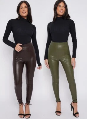 EX M&S Ladies Pull On Faux Leather Leggings Pants Stretch PU Marks Spencer - Image 1 of 4